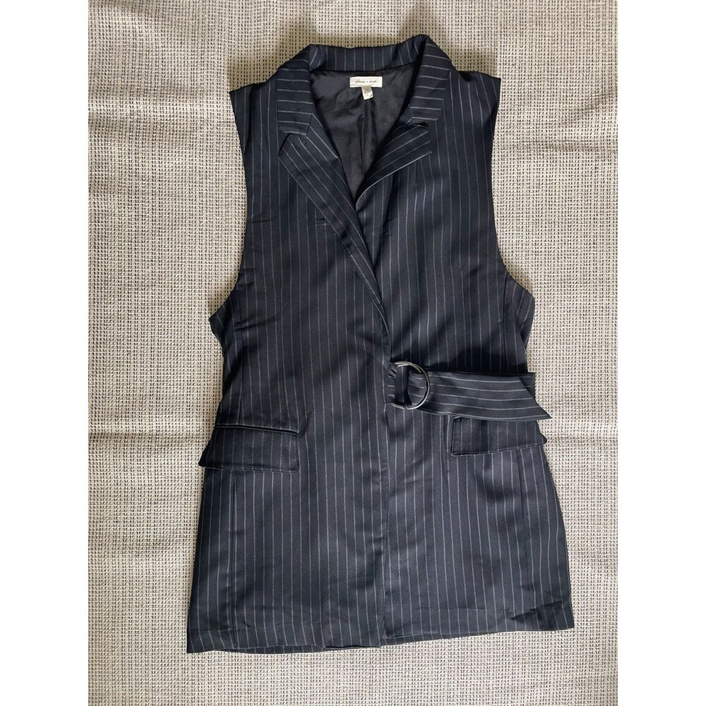 Women’s L Black Pinstripe Sleeveless Blazer Dress Belted Tailored Office Core